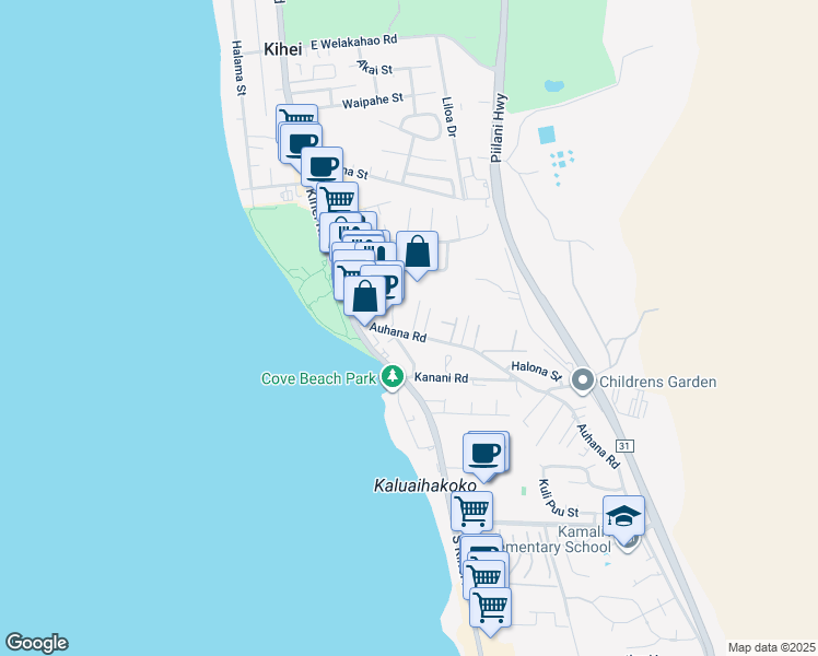 map of restaurants, bars, coffee shops, grocery stores, and more near 77 Auhana Road in Kihei
