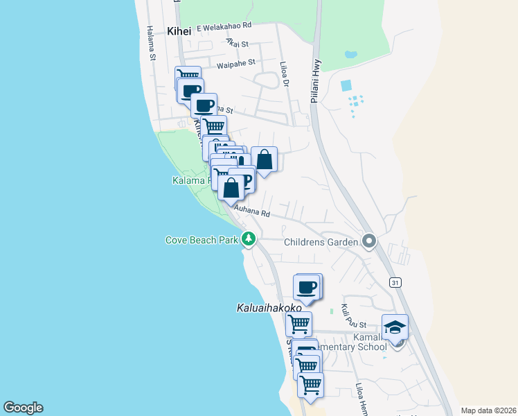 map of restaurants, bars, coffee shops, grocery stores, and more near 2015 Paulele Place in Kihei