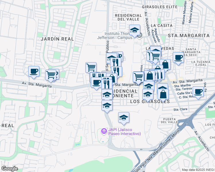 map of restaurants, bars, coffee shops, grocery stores, and more near 911 Central in Zapopan