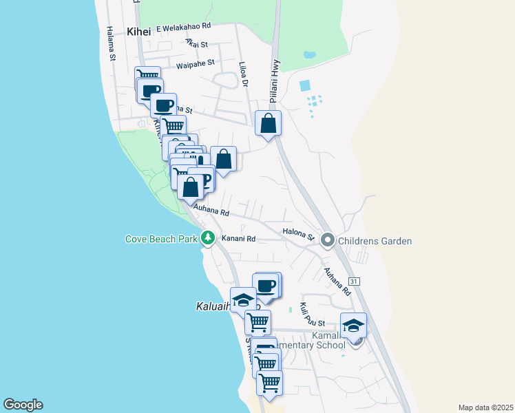 map of restaurants, bars, coffee shops, grocery stores, and more near 155 Auhana Road in Kihei