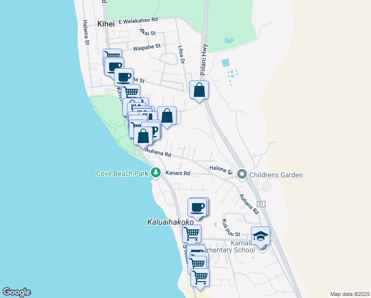 map of restaurants, bars, coffee shops, grocery stores, and more near 145 Auhana Road in Kihei