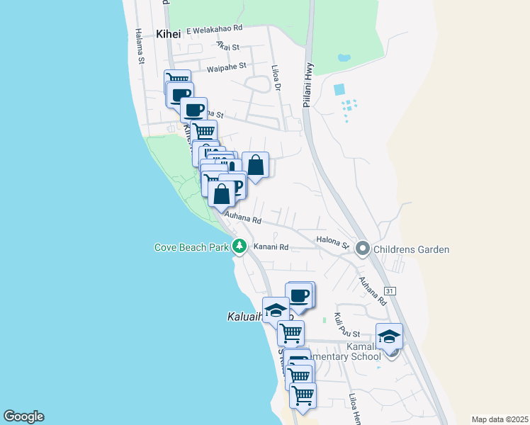 map of restaurants, bars, coffee shops, grocery stores, and more near 2021 Paulele Place in Kihei