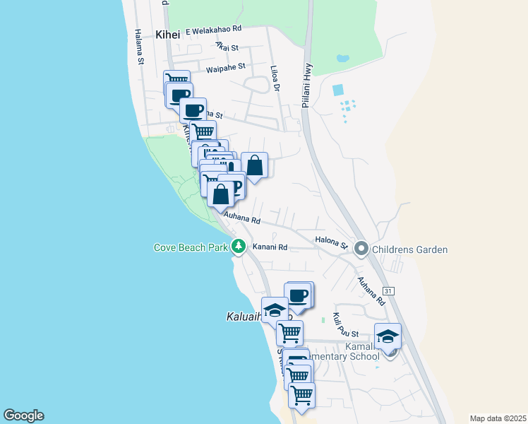 map of restaurants, bars, coffee shops, grocery stores, and more near 2021 Paulele Place in Kihei