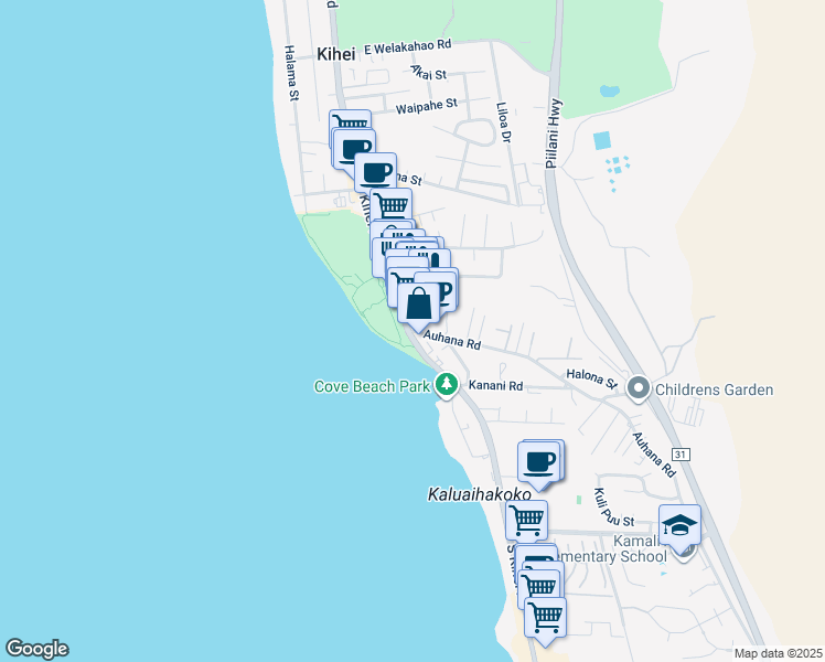 map of restaurants, bars, coffee shops, grocery stores, and more near 0 Auhana Road in Kihei