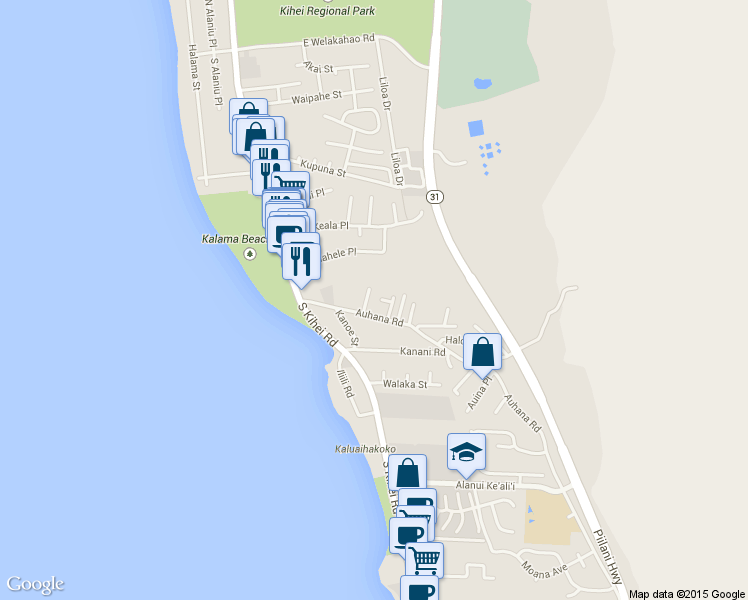 map of restaurants, bars, coffee shops, grocery stores, and more near 2015 Paulele Place in Kihei
