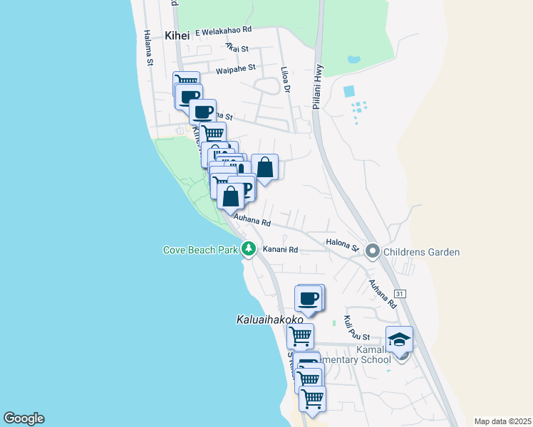 map of restaurants, bars, coffee shops, grocery stores, and more near 2020 Paulele Place in Kihei