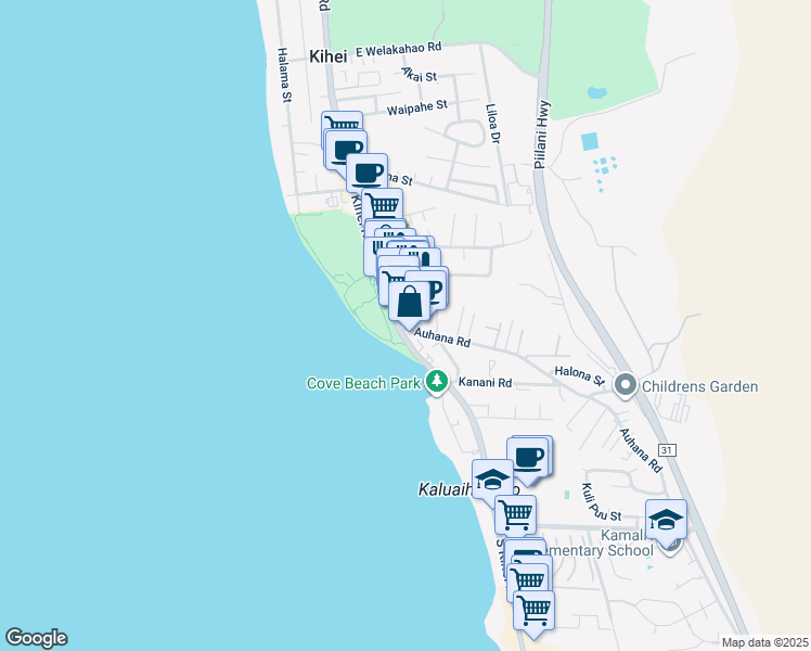 map of restaurants, bars, coffee shops, grocery stores, and more near 1993 South Kihei Road in Kihei