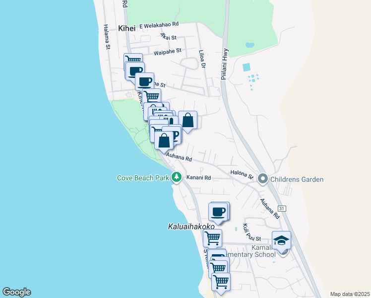 map of restaurants, bars, coffee shops, grocery stores, and more near 77 Auhana Road in Kihei
