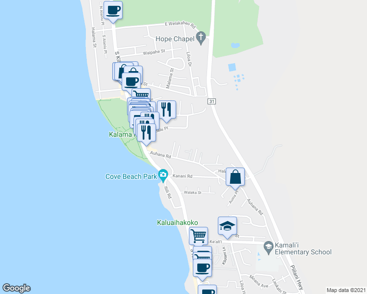map of restaurants, bars, coffee shops, grocery stores, and more near 2001 Paulele Place in Kihei