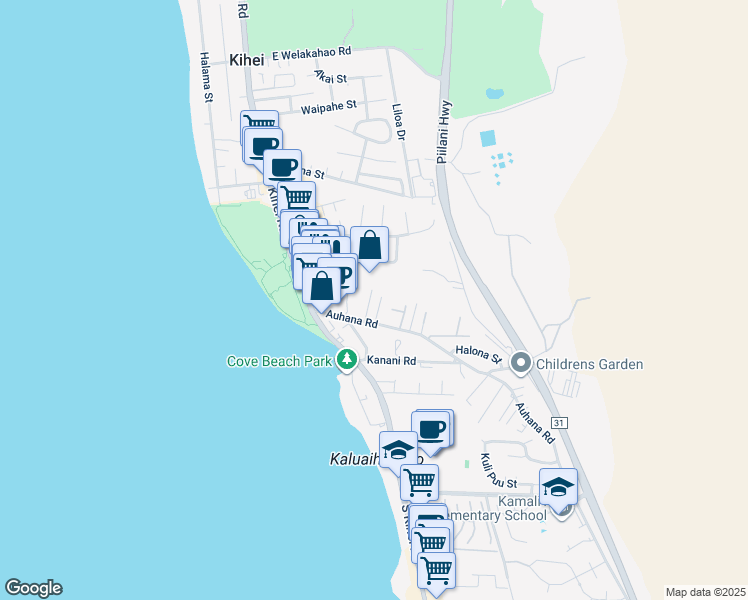 map of restaurants, bars, coffee shops, grocery stores, and more near 2008 Paulele Place in Kihei
