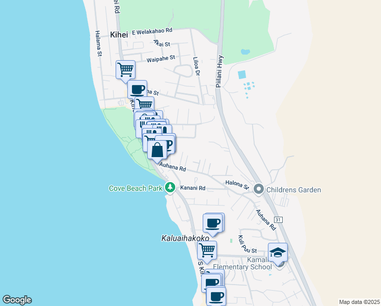 map of restaurants, bars, coffee shops, grocery stores, and more near 2015 Paulele Place in Kihei