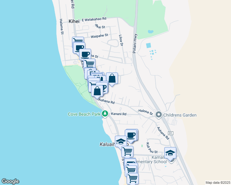 map of restaurants, bars, coffee shops, grocery stores, and more near 1990 Paulele Place in Kihei