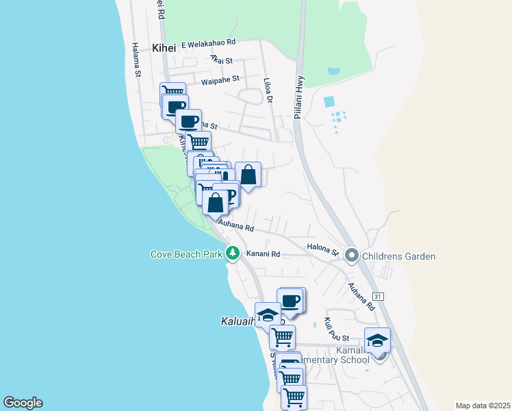 map of restaurants, bars, coffee shops, grocery stores, and more near 1990 Paulele Place in Kihei
