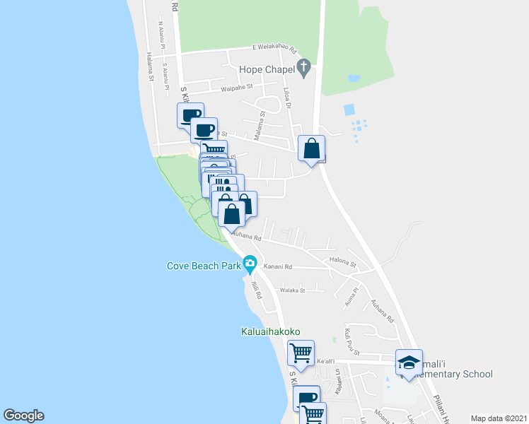 map of restaurants, bars, coffee shops, grocery stores, and more near 100 Alahele Place in Kihei