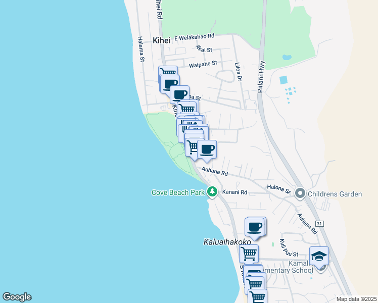 map of restaurants, bars, coffee shops, grocery stores, and more near 0 Alahele Place in Kihei