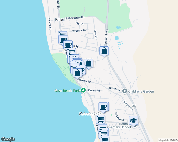 map of restaurants, bars, coffee shops, grocery stores, and more near 102 Alahele Place in Kihei