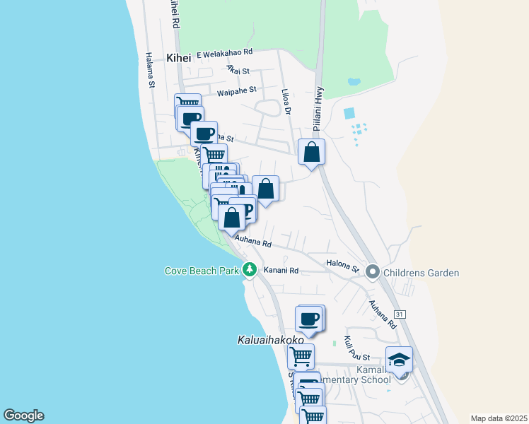 map of restaurants, bars, coffee shops, grocery stores, and more near 110 Alahele Place in Kihei