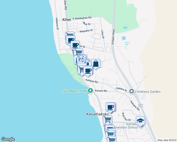map of restaurants, bars, coffee shops, grocery stores, and more near 50 Alahele Place in Kihei