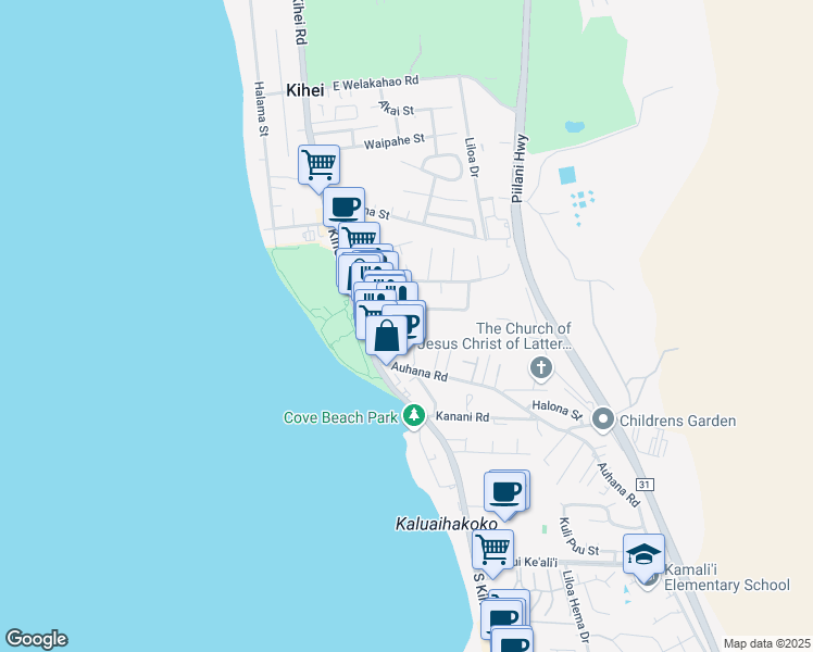 map of restaurants, bars, coffee shops, grocery stores, and more near 50 Alahele Place in Kihei