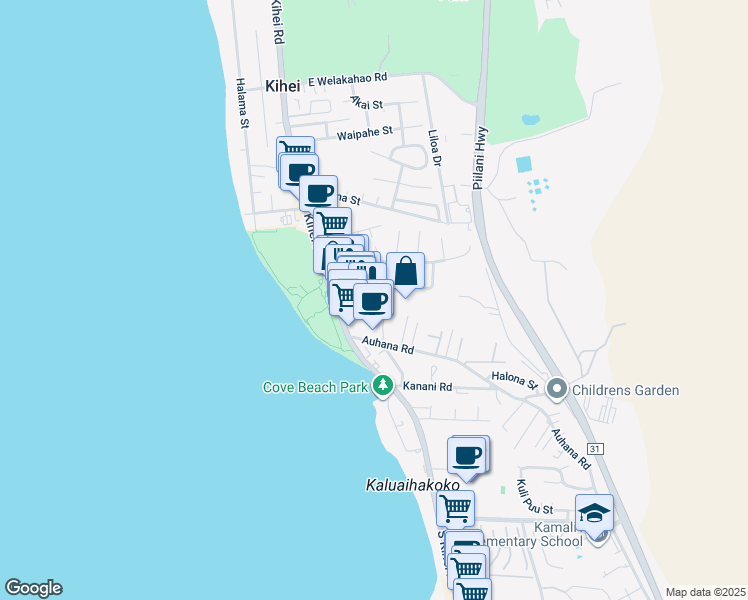 map of restaurants, bars, coffee shops, grocery stores, and more near 52 Alahele Place in Kihei