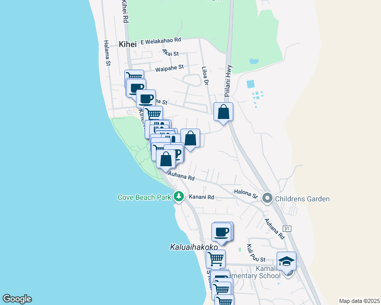 map of restaurants, bars, coffee shops, grocery stores, and more near 102 Alahele Place in Kihei