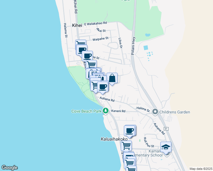 map of restaurants, bars, coffee shops, grocery stores, and more near 70 Alahele Place in Kihei