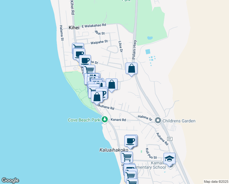 map of restaurants, bars, coffee shops, grocery stores, and more near 110 Alahele Place in Kihei