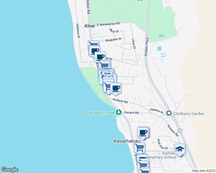 map of restaurants, bars, coffee shops, grocery stores, and more near 1945 South Kihei Road in Kihei