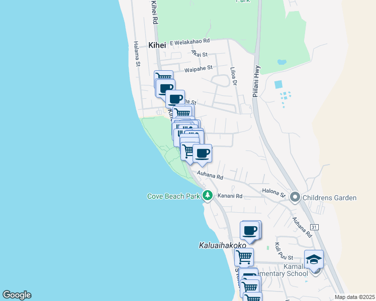 map of restaurants, bars, coffee shops, grocery stores, and more near 1945 South Kihei Road in Kihei