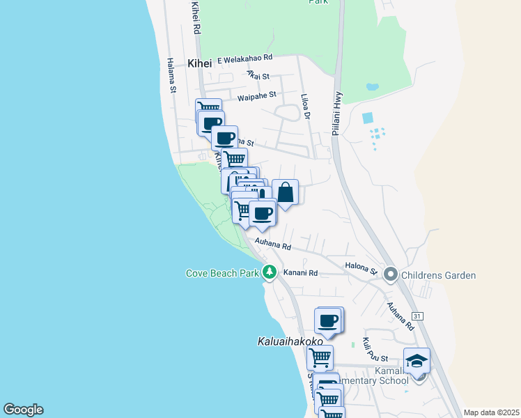 map of restaurants, bars, coffee shops, grocery stores, and more near 70 Alahele Place in Kihei