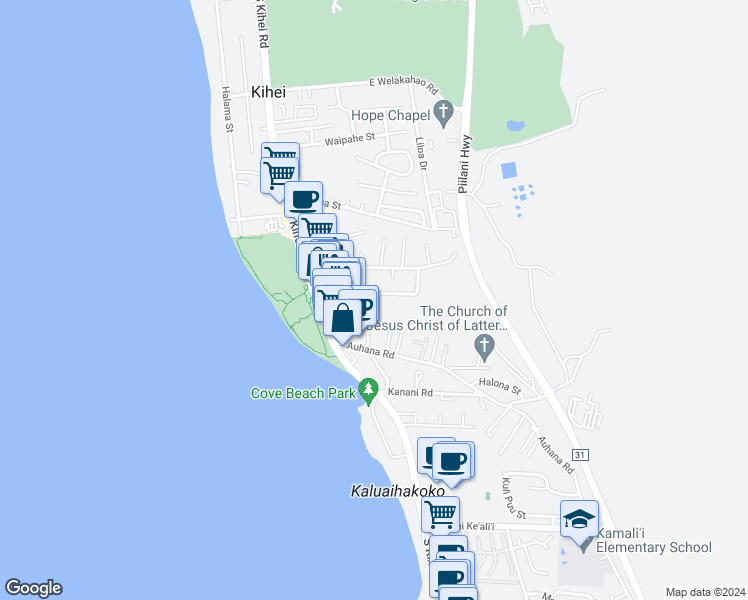 map of restaurants, bars, coffee shops, grocery stores, and more near 76 Alahele Place in Kihei
