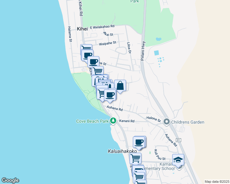 map of restaurants, bars, coffee shops, grocery stores, and more near 76a Alahele Place in Kihei