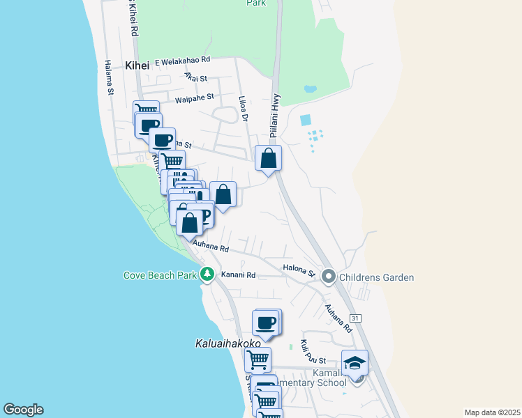 map of restaurants, bars, coffee shops, grocery stores, and more near 0 Alahele Place in Kihei