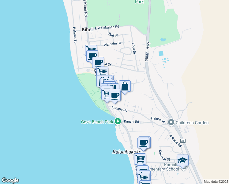 map of restaurants, bars, coffee shops, grocery stores, and more near 55 Alahele Place in Kihei