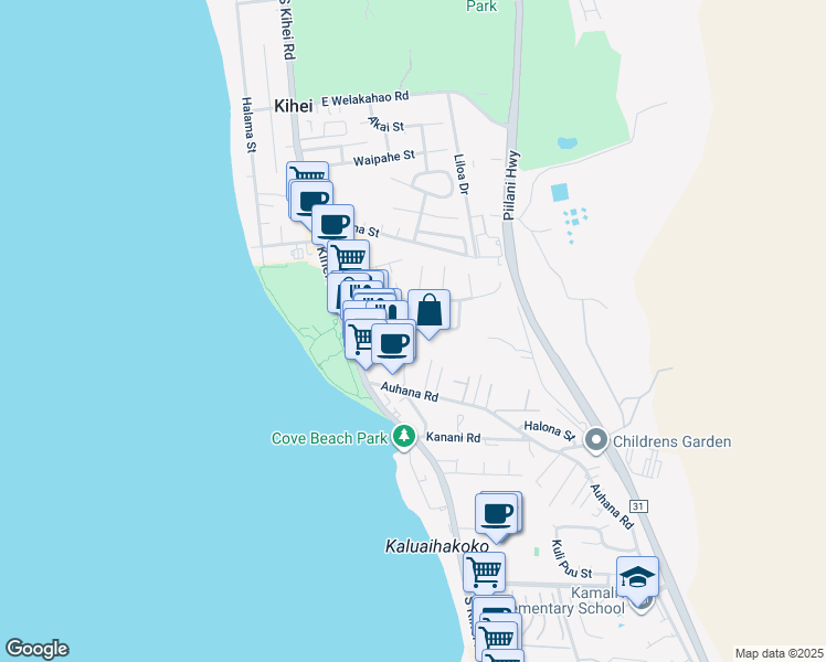map of restaurants, bars, coffee shops, grocery stores, and more near 78 Alahele Place in Kihei