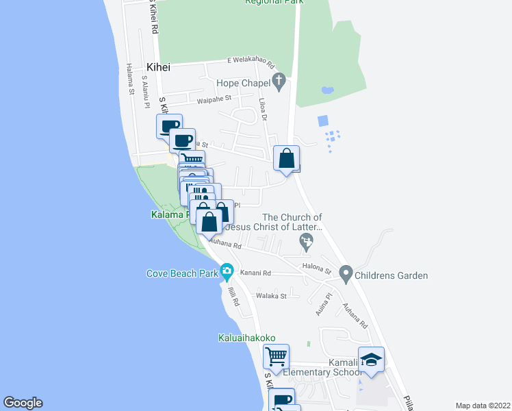 map of restaurants, bars, coffee shops, grocery stores, and more near 147 Alahele Place in Kihei