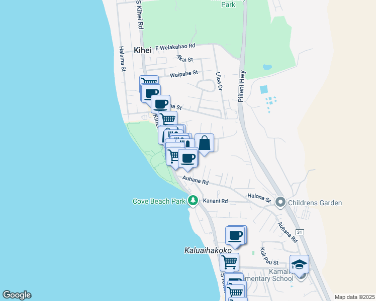 map of restaurants, bars, coffee shops, grocery stores, and more near 55 Alahele Place in Kihei