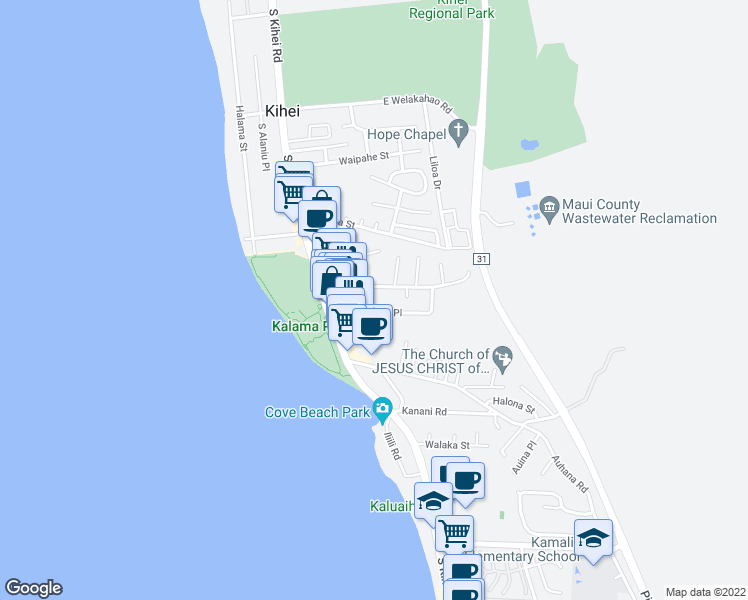 map of restaurants, bars, coffee shops, grocery stores, and more near 61 Alahele Place in Kihei