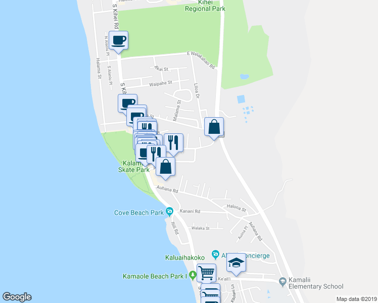 map of restaurants, bars, coffee shops, grocery stores, and more near 142 Keala Place in Kihei