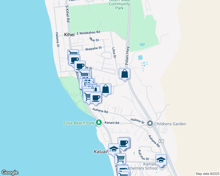 map of restaurants, bars, coffee shops, grocery stores, and more near 142 Keala Place in Kihei