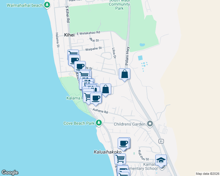 map of restaurants, bars, coffee shops, grocery stores, and more near 142 Keala Place in Kihei