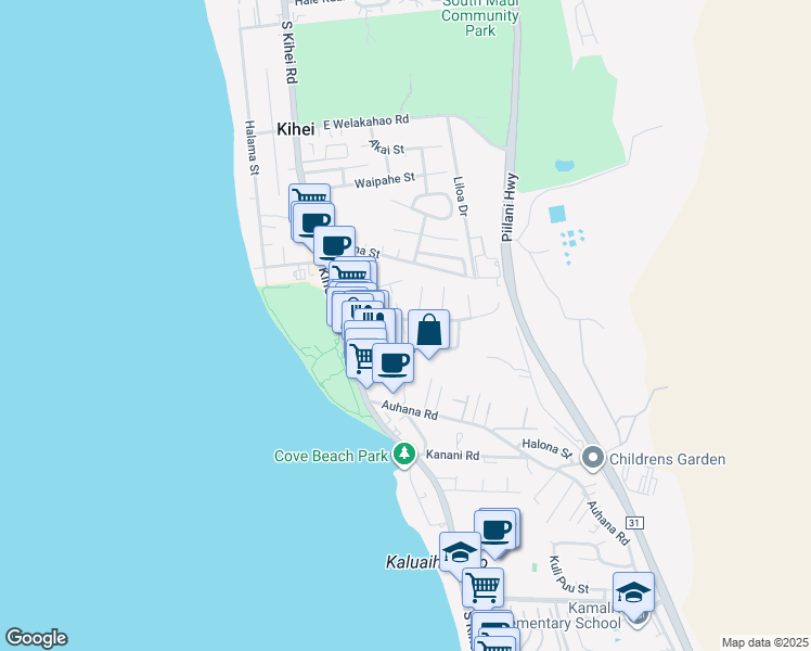 map of restaurants, bars, coffee shops, grocery stores, and more near 85 Keala Place in Kihei