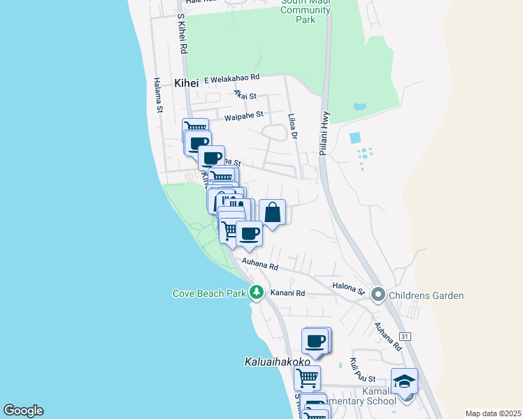 map of restaurants, bars, coffee shops, grocery stores, and more near 98 Keala Place in Kihei