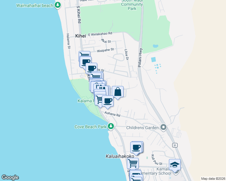 map of restaurants, bars, coffee shops, grocery stores, and more near 98 Keala Place in Kihei