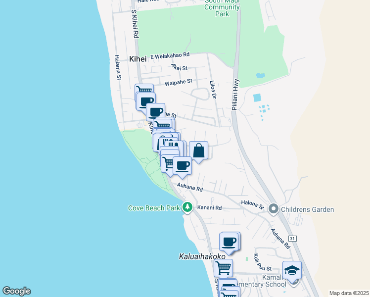 map of restaurants, bars, coffee shops, grocery stores, and more near 72 Keala Place in Kihei