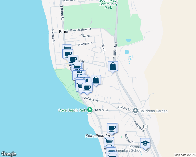 map of restaurants, bars, coffee shops, grocery stores, and more near 132A Keala Place in Kihei