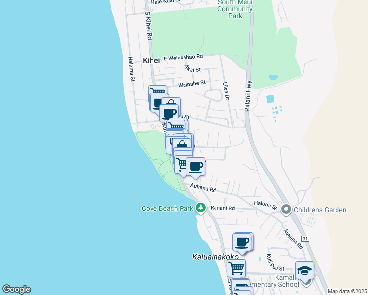 map of restaurants, bars, coffee shops, grocery stores, and more near 33 Keala Place in Kihei