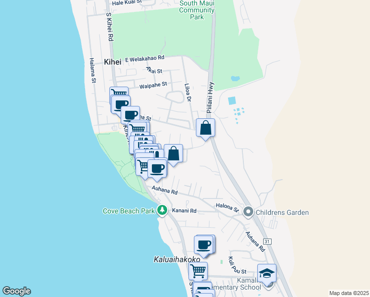 map of restaurants, bars, coffee shops, grocery stores, and more near 155 Keala Place in Kihei
