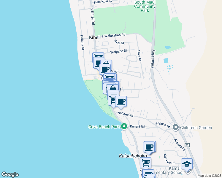 map of restaurants, bars, coffee shops, grocery stores, and more near 33 Keala Place in Kihei