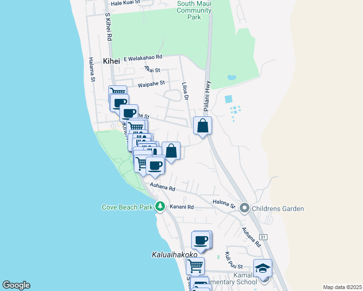 map of restaurants, bars, coffee shops, grocery stores, and more near 143 Keala Place in Kihei